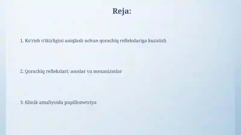 Ko'z o'tkirligini aniqlash qorachiq reflekslarini kuzatish 2