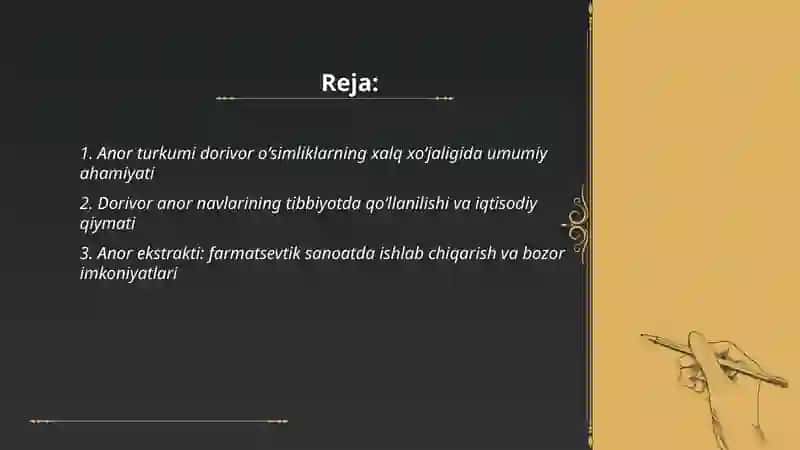 Anor turkumi dorivor oʻsimliklarning xalq xoʻjaligidagi ahamiyati 2