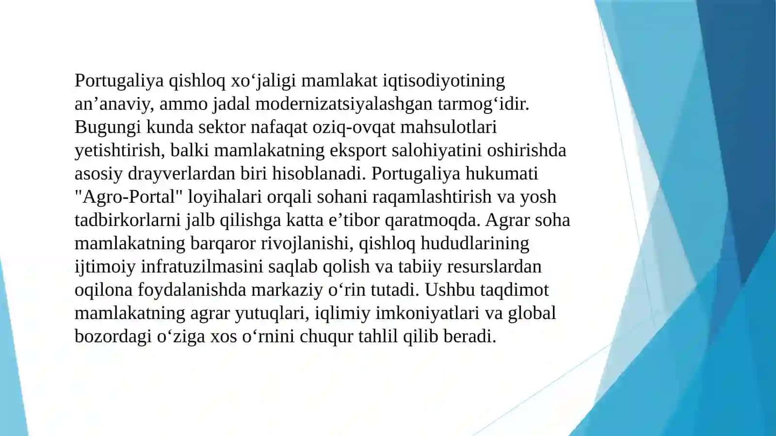 PORTUGALIYA QISHLOQ XO’JALIGI VA UNING IQTISODIYOTDAGI O’RNI 2