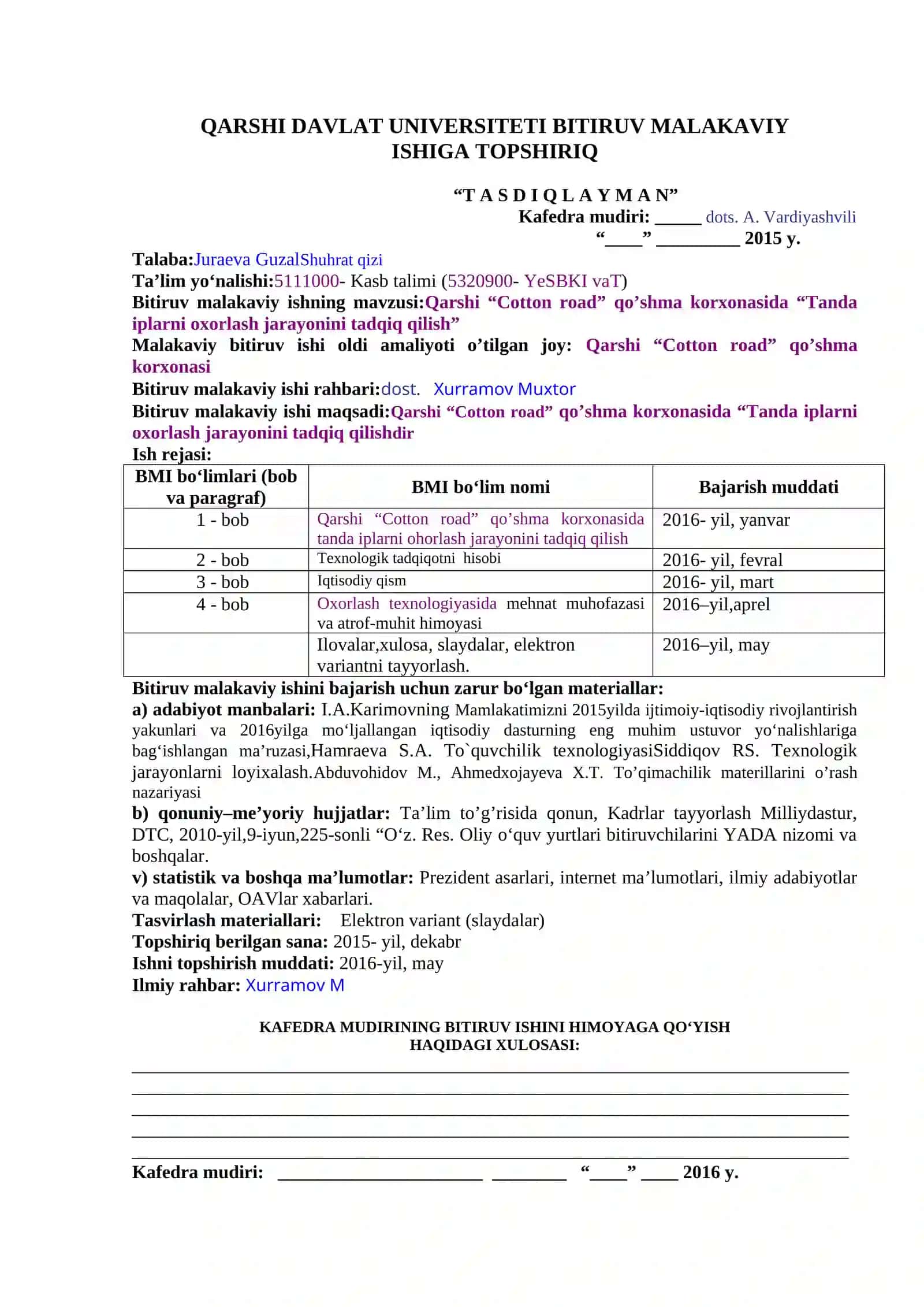 Tanda iplarni oxorlash jarayonini tadqiq qilish 2