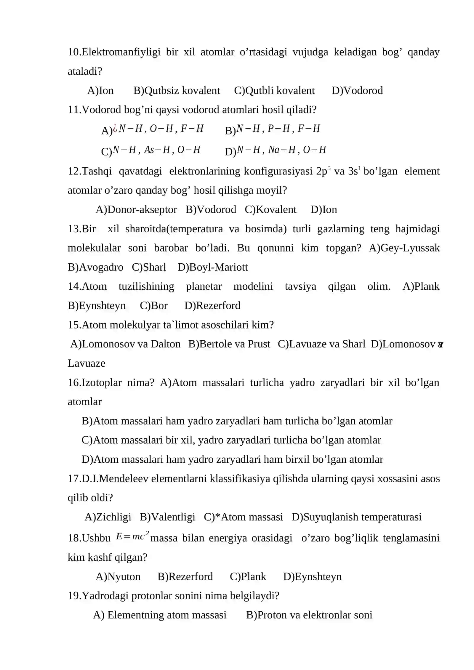 Umumiy va noorganik kimyo fаnidаn test sаvоllаri 2