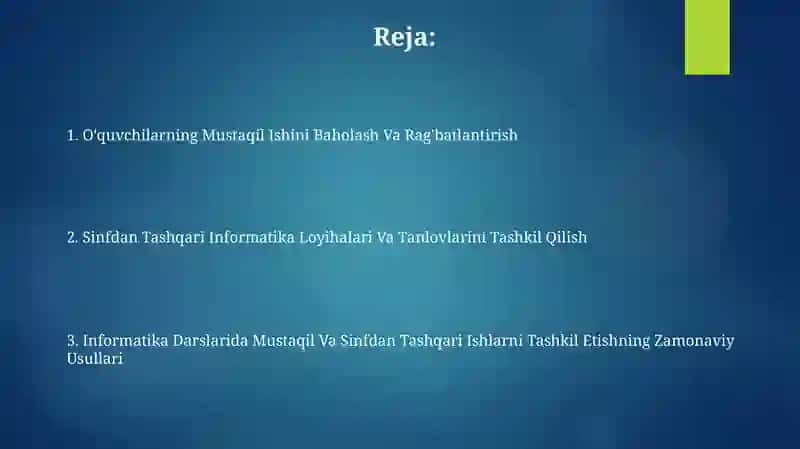 Informatika darslarida mustaqil va darsdan tashqari ishlarni tashkil etish 2