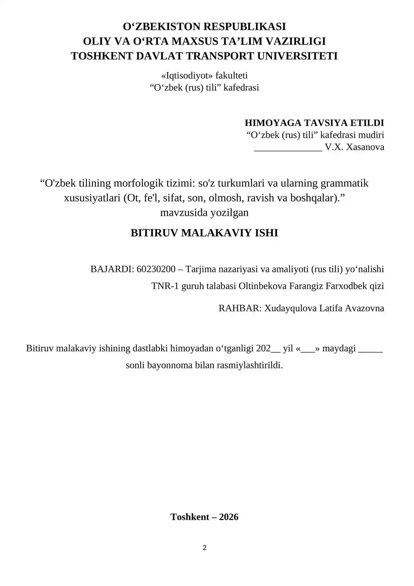 Malakaviy bitiruv ishiga TOPSHIRIQ 2