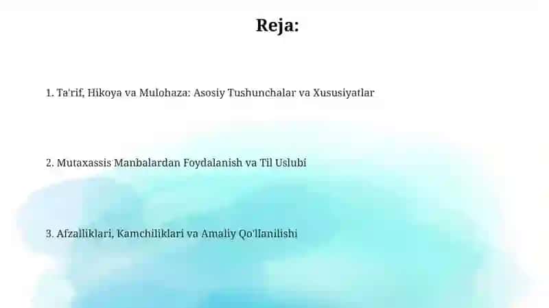 Ta'rif, Hikoya va Mulohaza: Asosiy Tushunchalar va Xususiyatlar 2