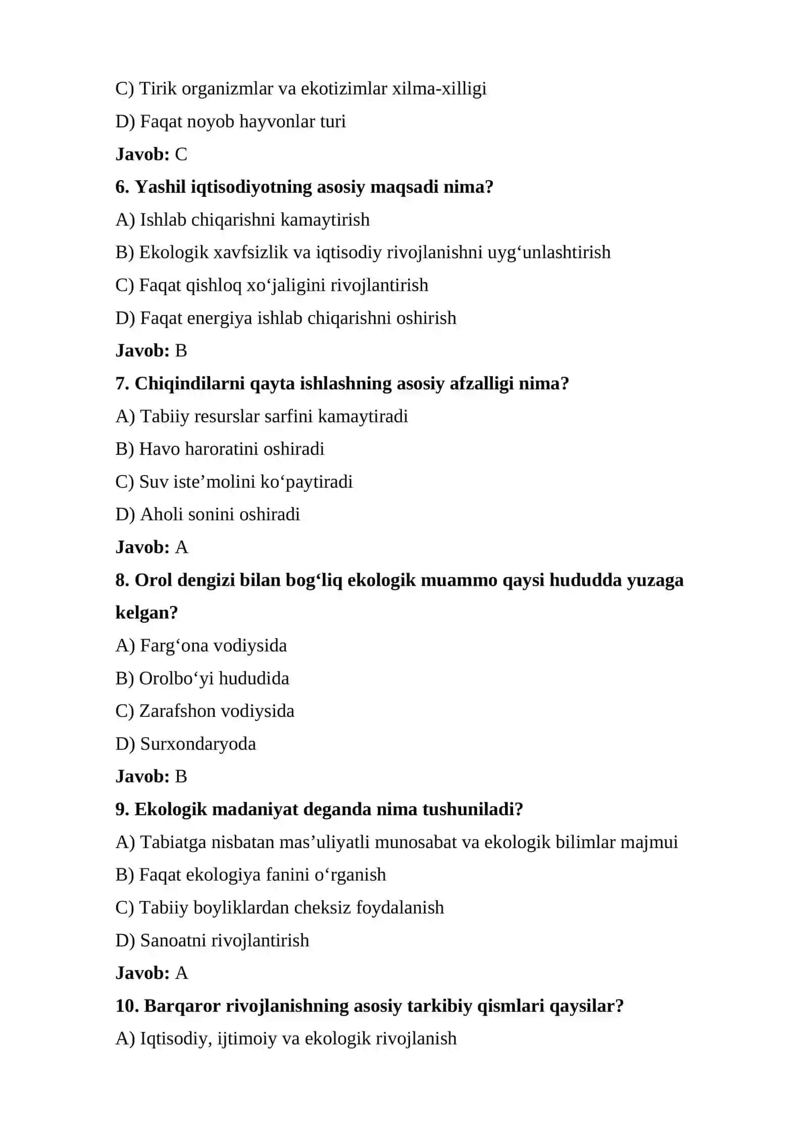 ATROF-MUHIT SIYOSATI VA BARQAROR RIVOJLANISH MAVZUSI BO‘YICHA TESTLAR 2