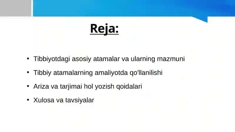 Tibbiyotdagi atamalar va ularni qo'llanishi.  Ariza va tarjimai hol yozish tartibi 2