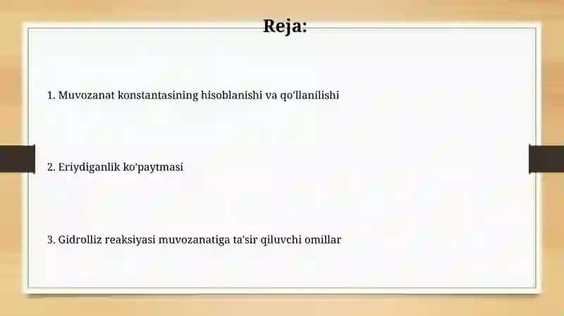 Gidroliz reaksiyasi mavazanadiga ta'sir etuvchi omillar Eruvchanlik ko‘paytmasi 2