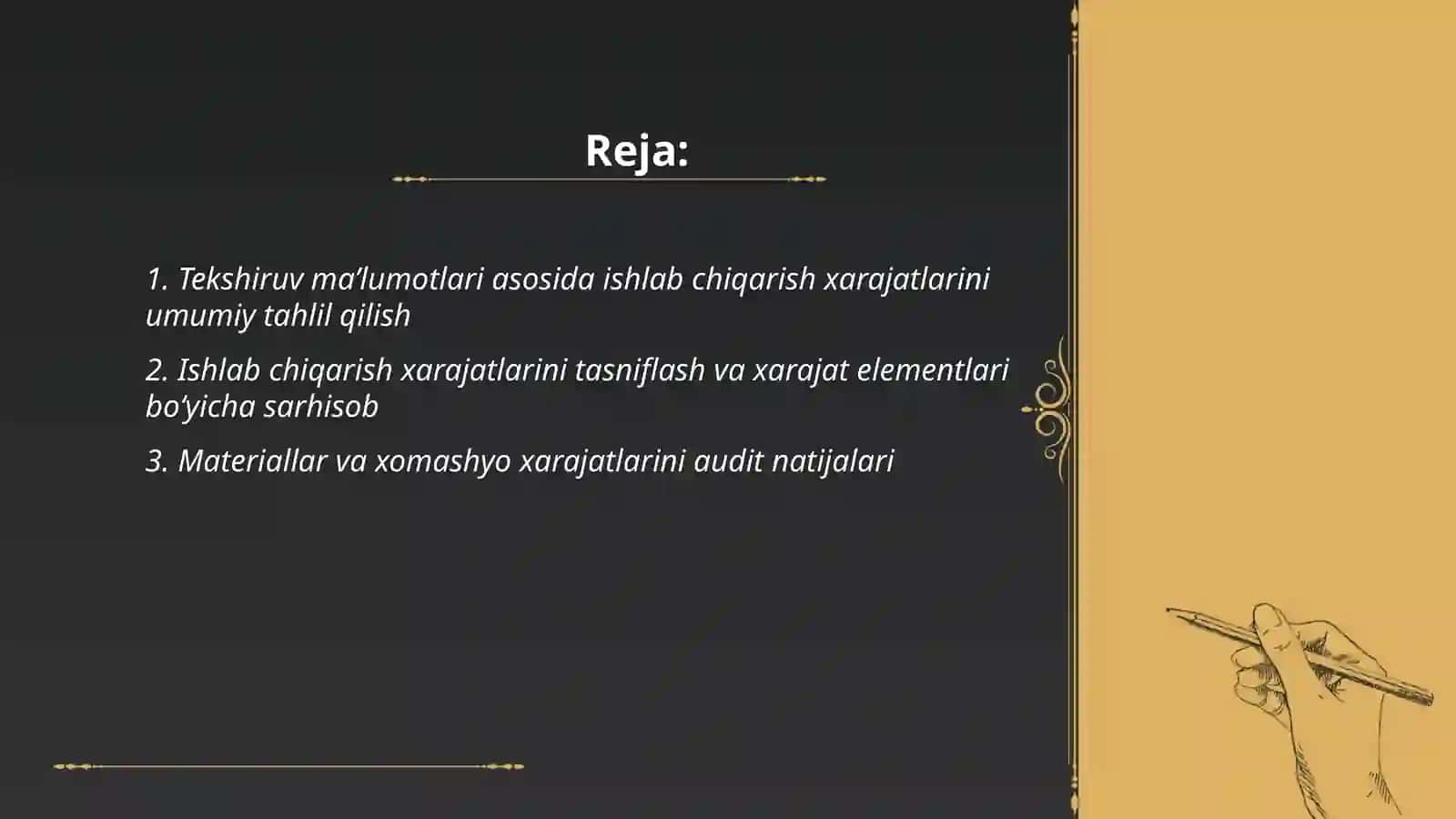 Tekshiruv jarayonida olingan ma’lumotlar asosida ishlab chiqarish xarajatlari auditi natijalarini umumlashtirish 2