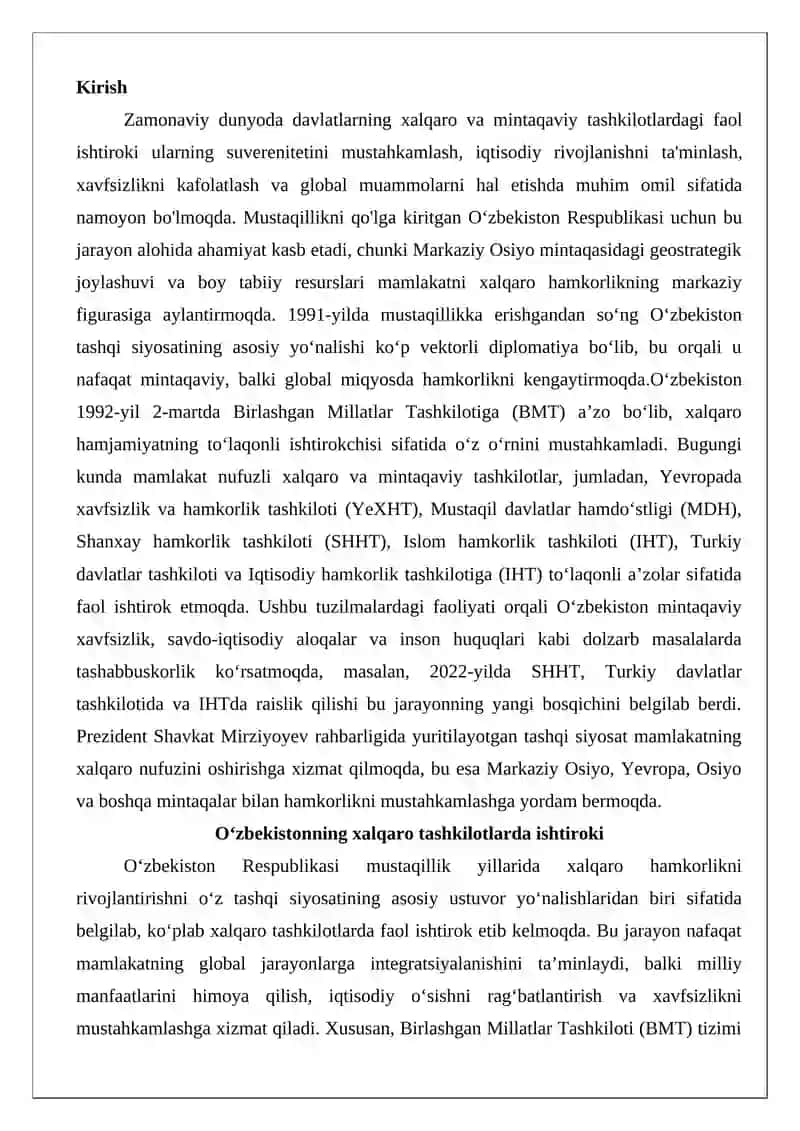 O‘zbekiston Respublikasining xalqaro va mintaqaviy tashkilotlarda ishtiroki 2