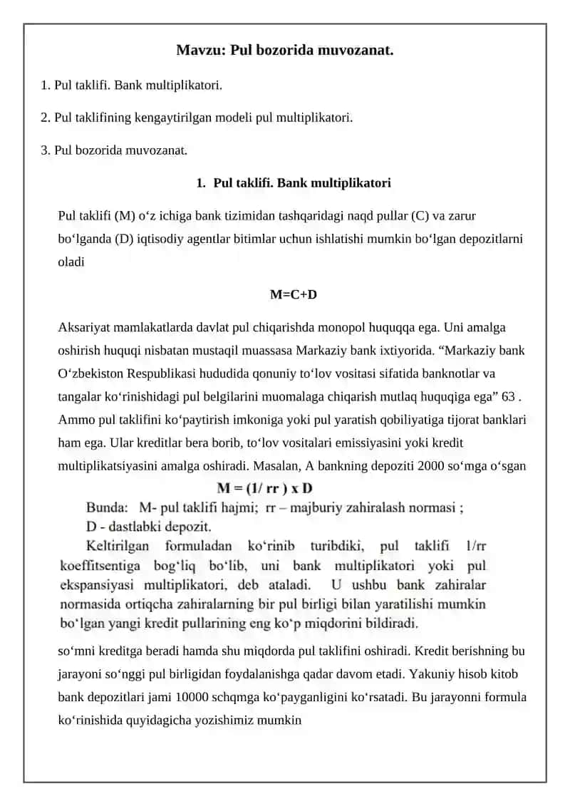 Pul bozorida muvozanat 2