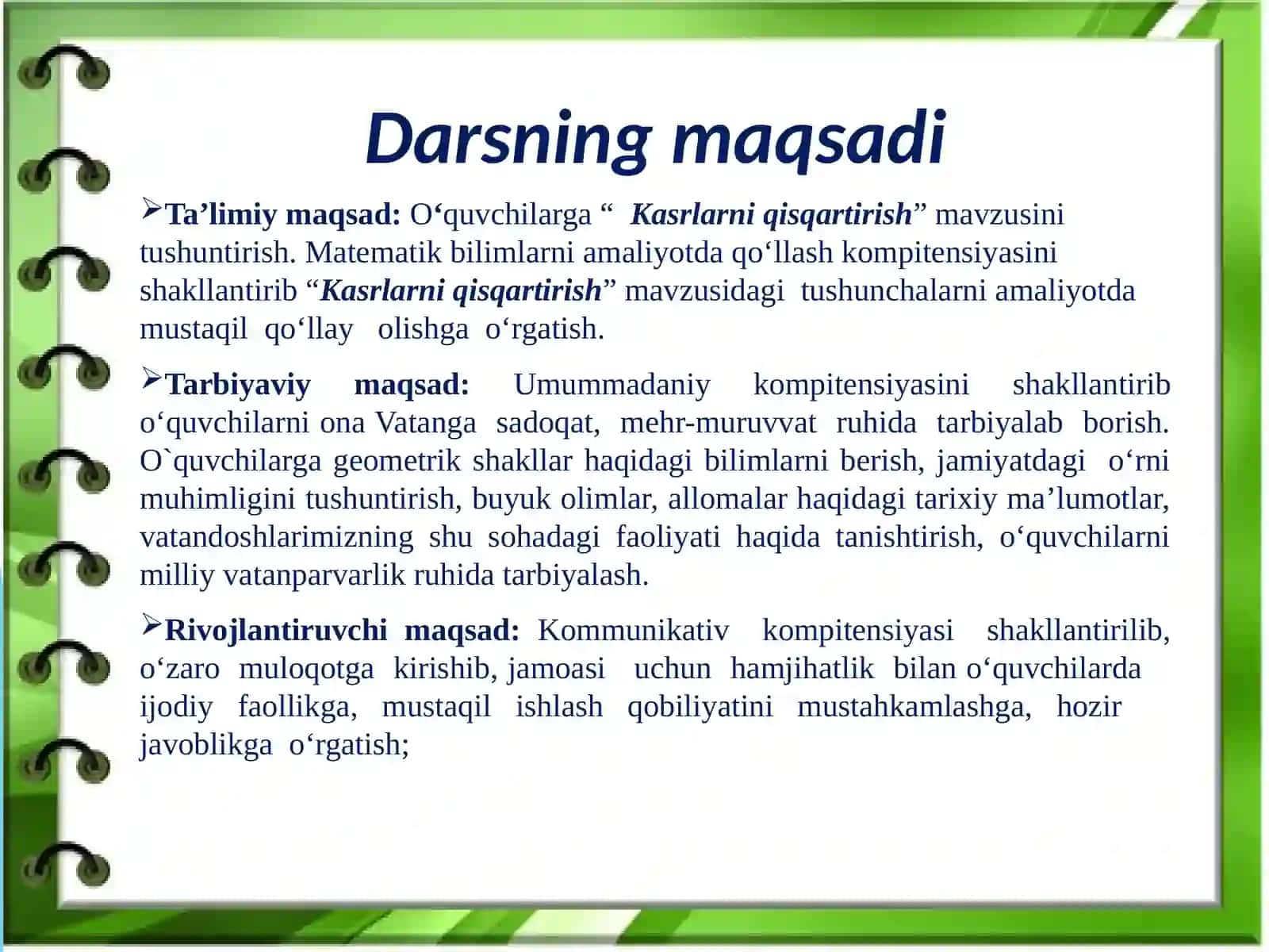 6-sinf Matematika fanidan Kasrlarni qisqartirish mavzusida dars ishlanma 2