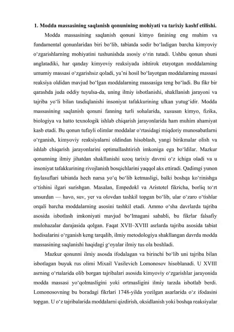 Modda massasining saqlanishi va tarkibning doimiylik qonunini amaliy mashg‘ulotlarda tushuntirish 2