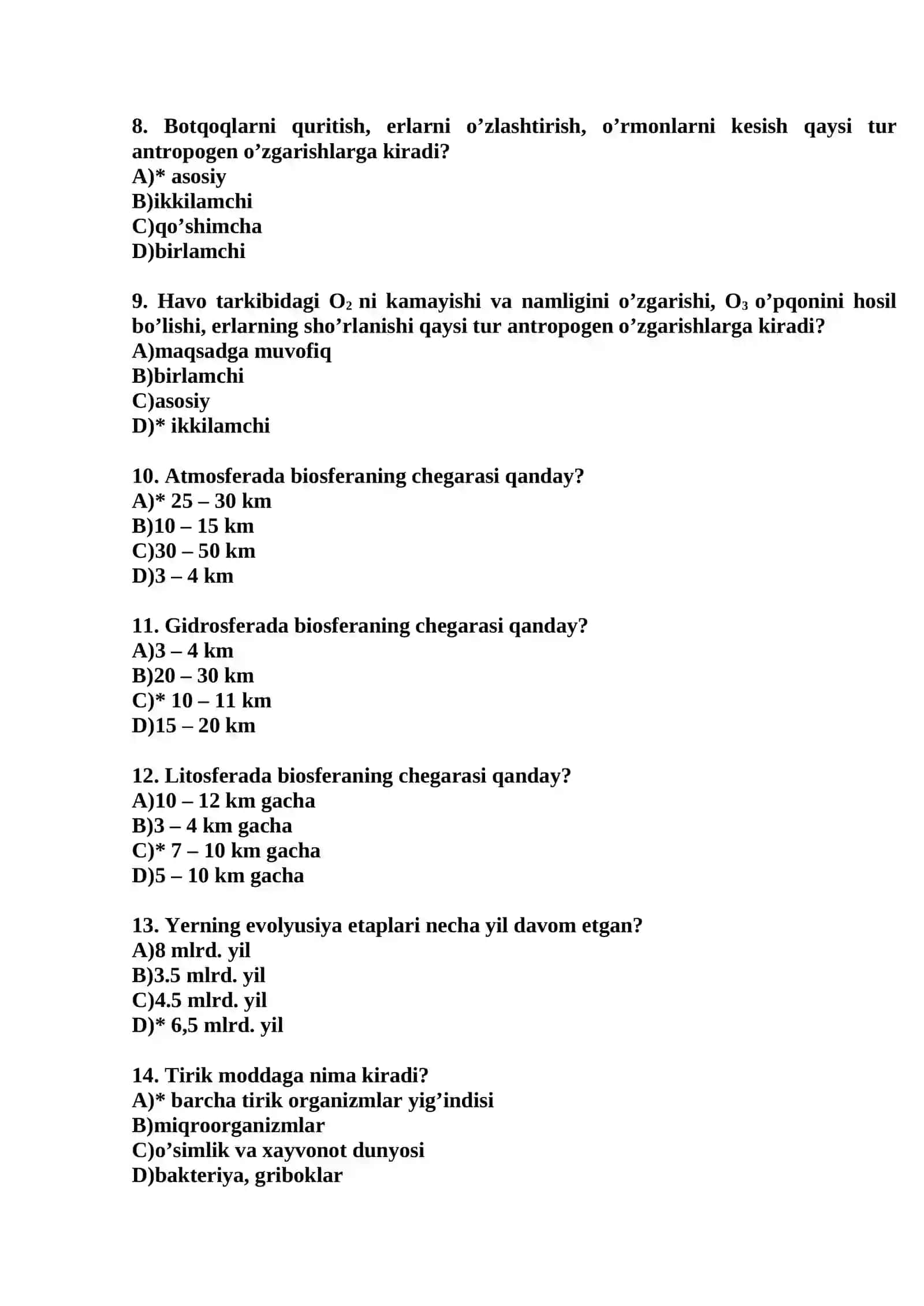 EKOLOGIYA FANIDAN TEST SAVOLLARI 2