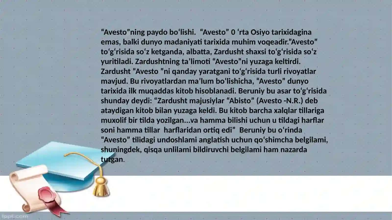 Avesto ning Gohlar qismini va afsonalarini o'rganish. 2