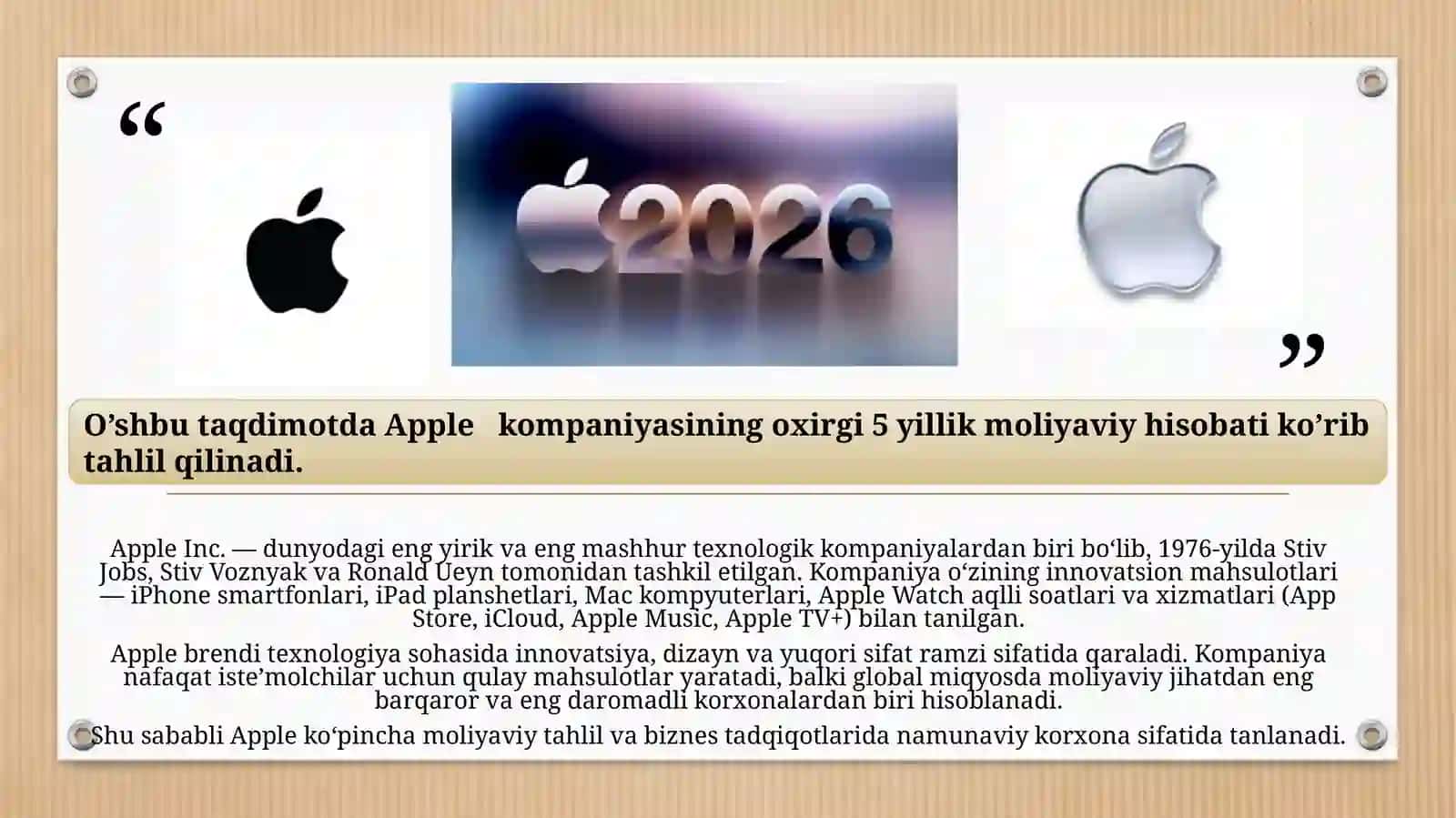 Apple   kompaniyasining oxirgi 5 yillik moliyaviy hisobati 2