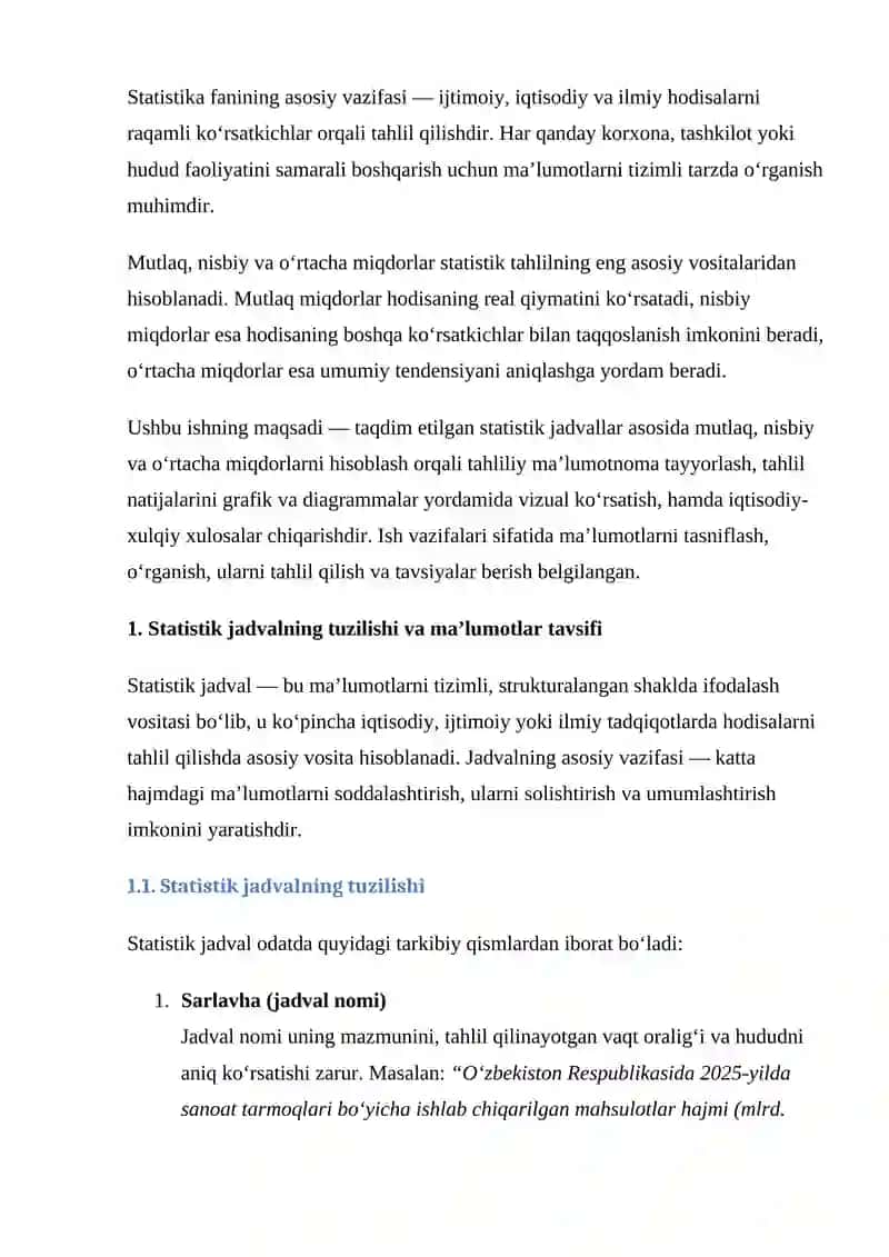 TAQDIM ETILGAN STATISTIK JADVALLAR ASOSIDA MUTLAQ, NISBIY VA O‘RTACHA MIQDORLARNI QO‘LLASH ORQALI TAHLILIY MA’LUMOTNOMA TAYYORLASH 2