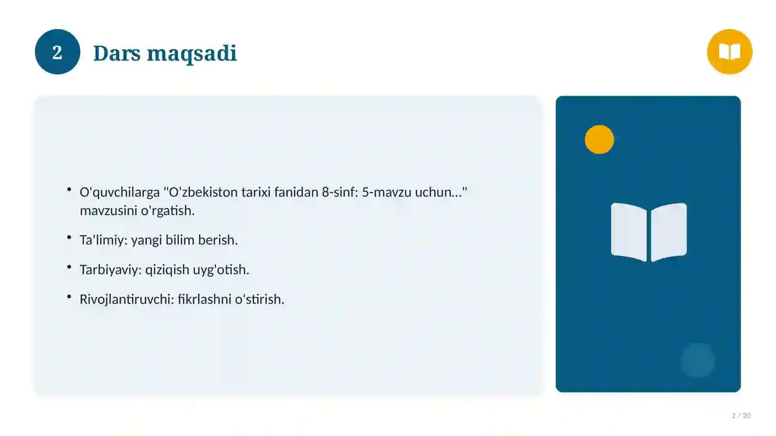 O'zbekiston tarixi fanidan 8-sinf: 5-mavzu uchun batafsil dars ishlanmasi 2