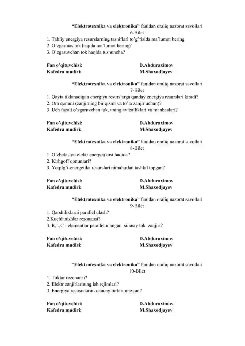 Elektrotexnika va elektronika fanidan oraliq nazorat savollari 2