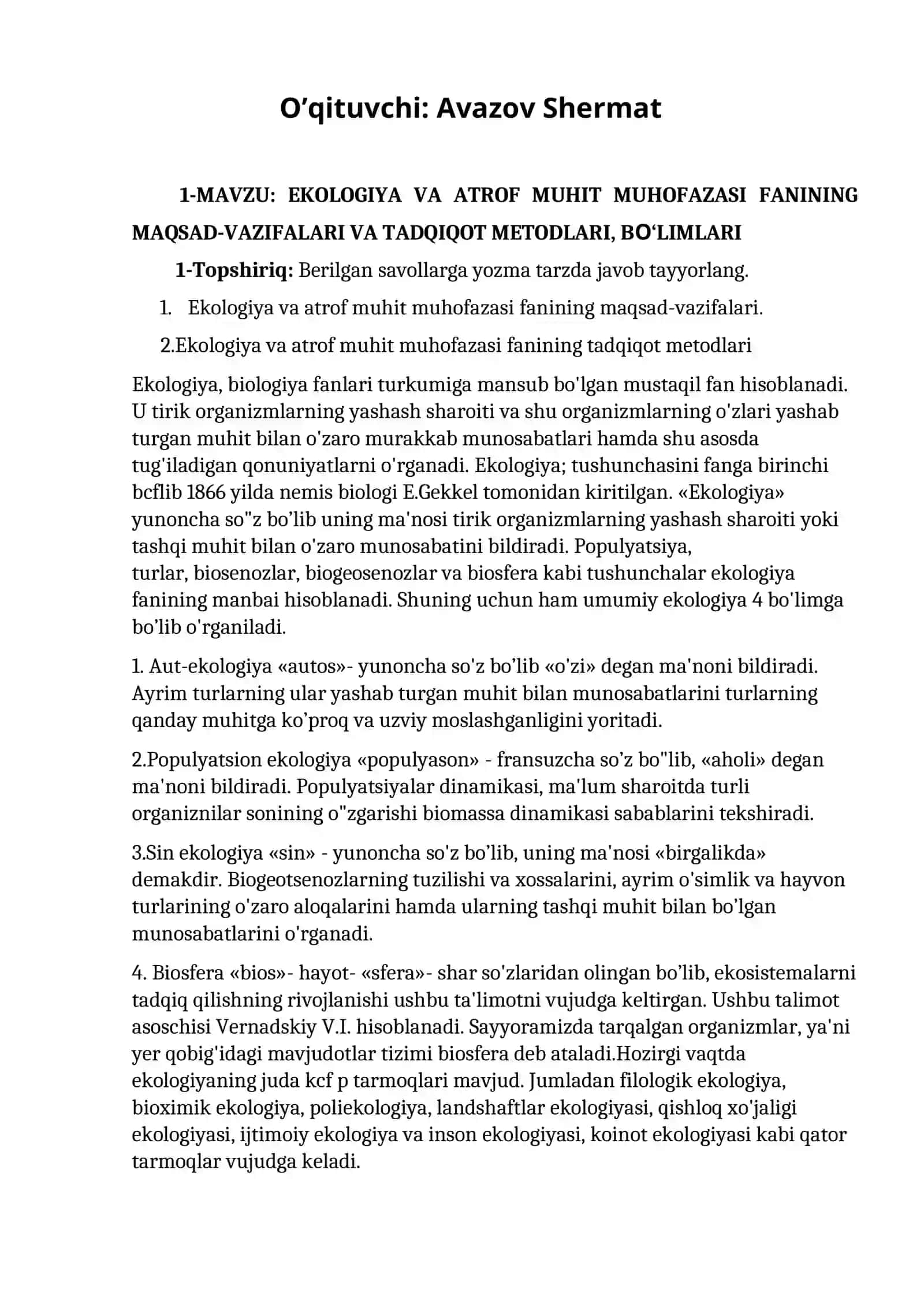 Ekologiya va Atrof Muhit Muhofazasi Fanlari 2