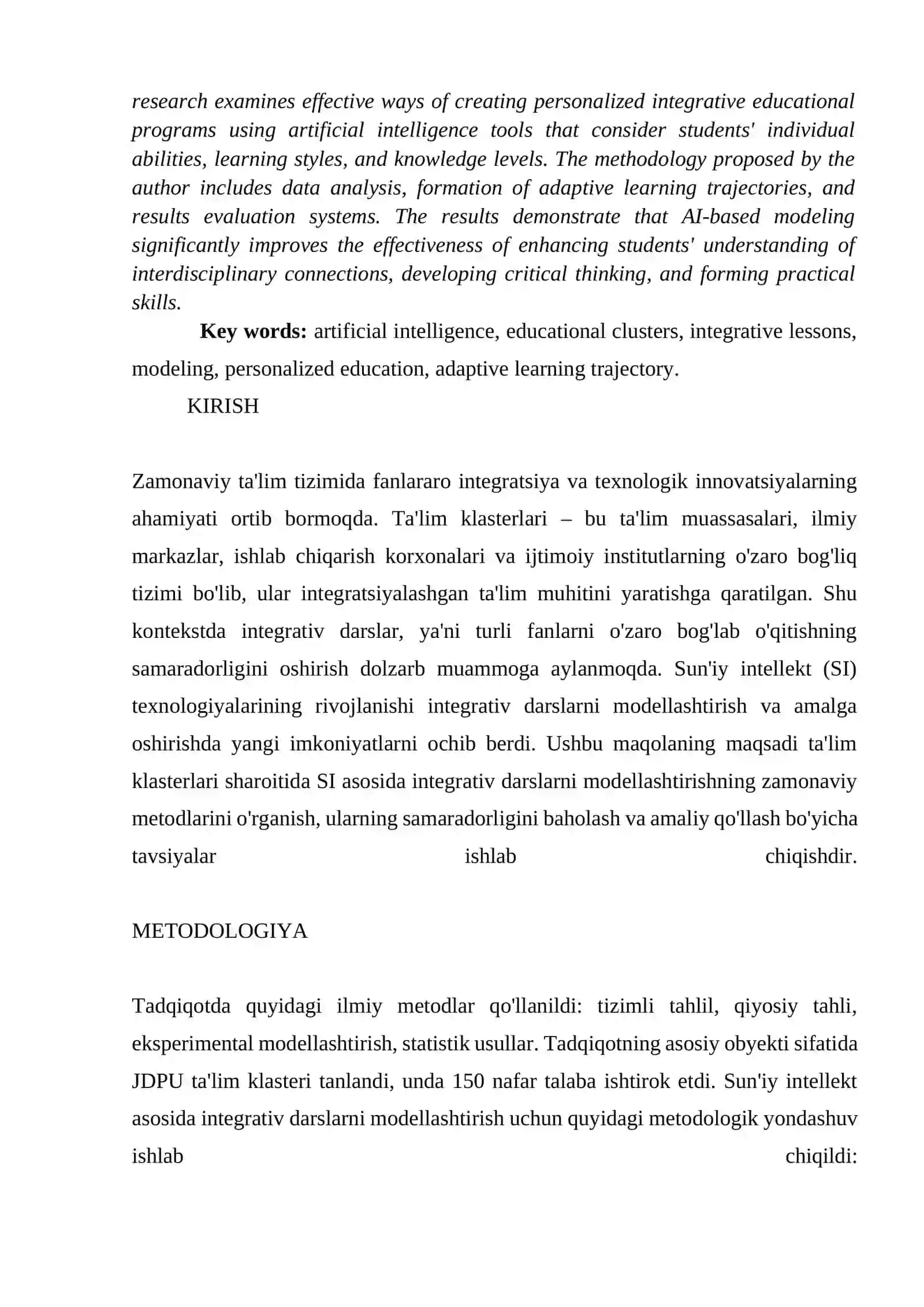 SUN’IY INTELLEKT ASOSIDA TA'LIM KLASTERLARIDA TALABALARNI INTEGRATIV DARSLARNI MODELLASHTIRISHNING ZAMONAVIY METODLARI 2