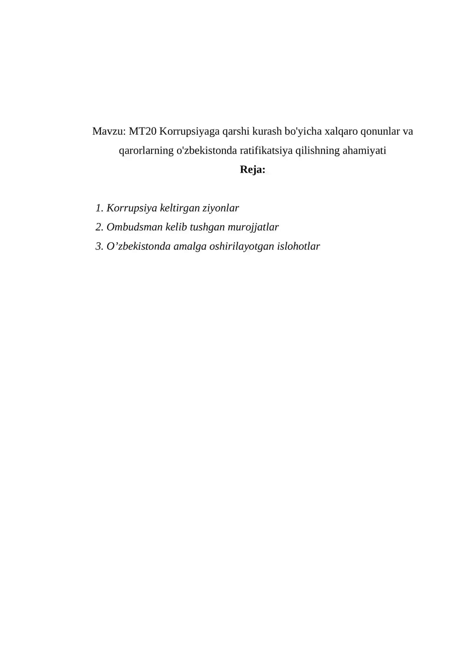 MT20 Korrupsiyaga qarshi kurash bo'yicha xalqaro qonunlar va qarorlarning o'zbekistonda ratifikatsiya qilishning ahamiyati 2