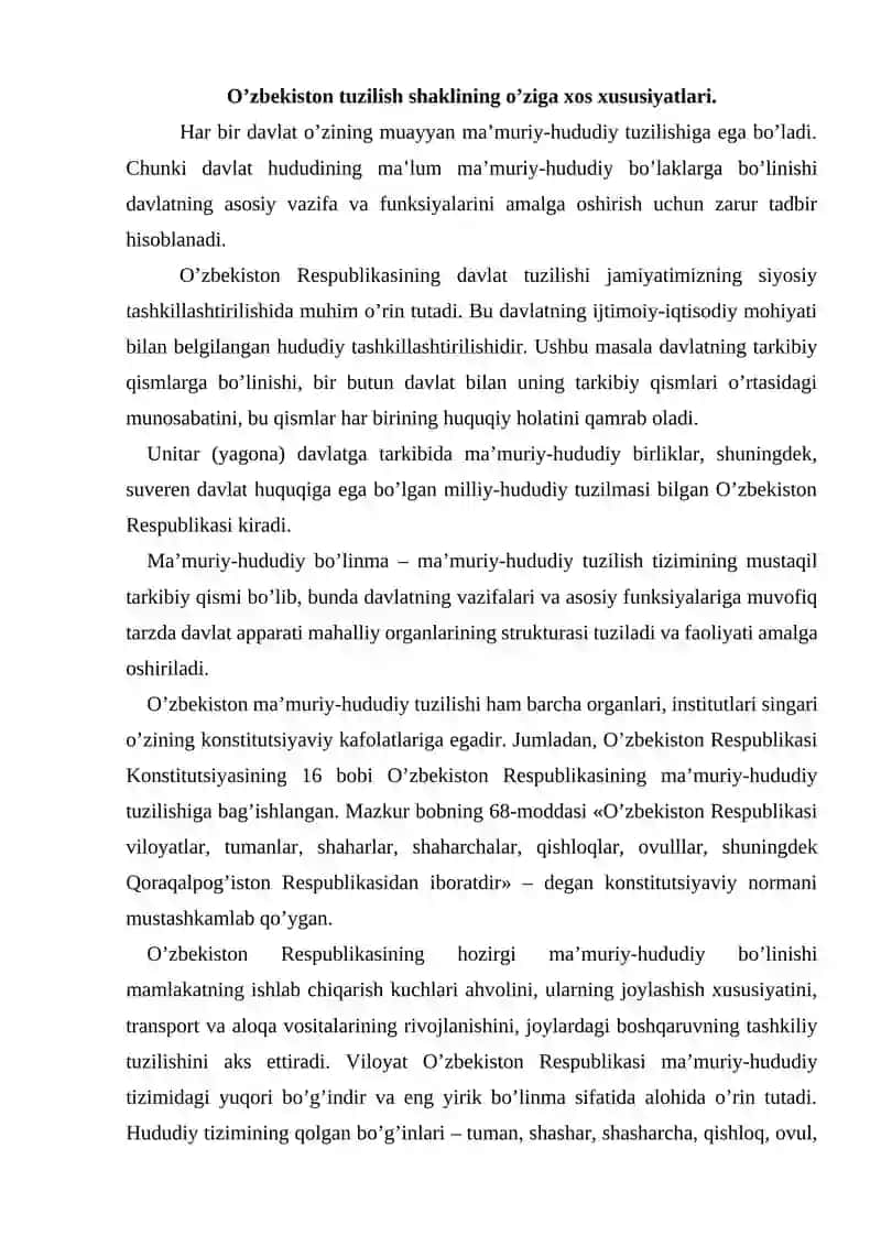 O’zbekiston Respublikasida davlat shaklining o’ziga xos xususiyatlari 2