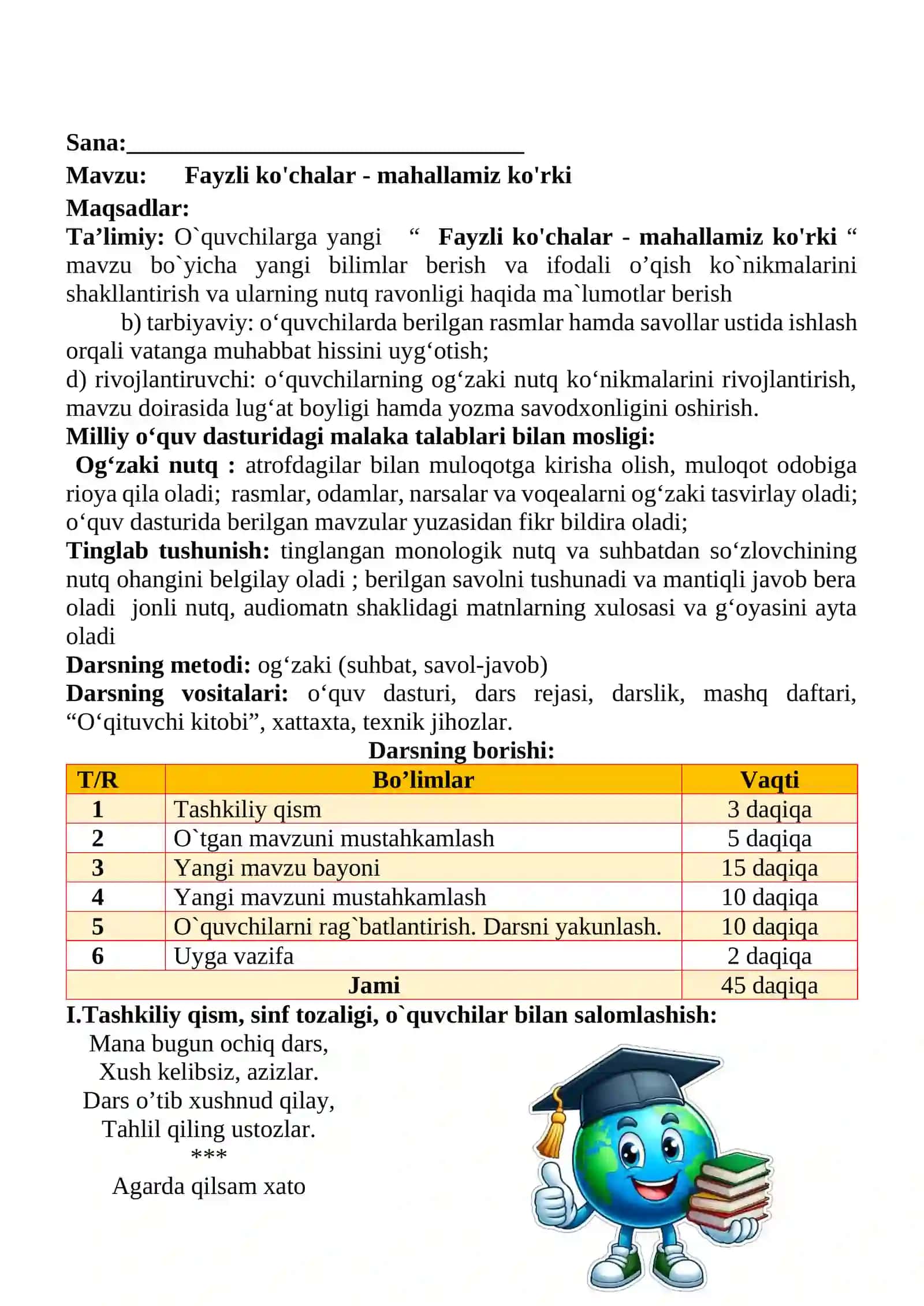 Fayzli ko'chalar - mahallamiz ko'rki mavzusida 2-sinf O'qish fanidan dars ishlanmasi 2