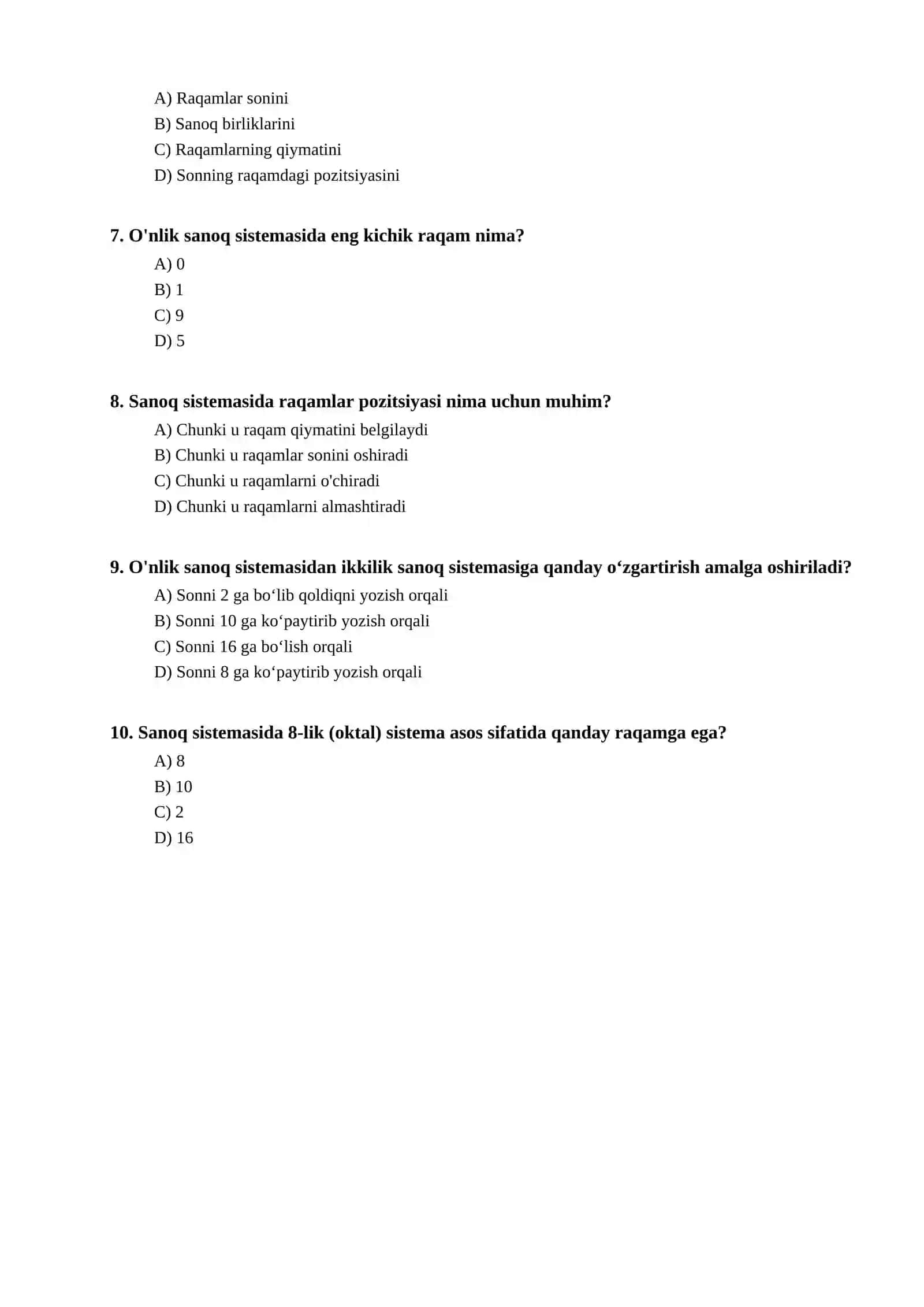 Sanoq sistemalari bo'yicha test 2