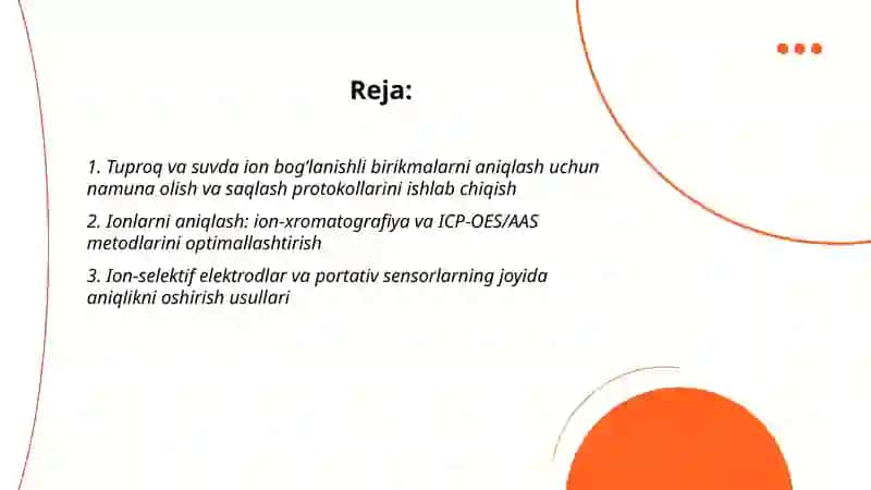 Tuproq va suvning ifloslanishida ion bogʻlanishli birikmalarni aniqlab ulardan tozalash usulini ishlab chiqish 2