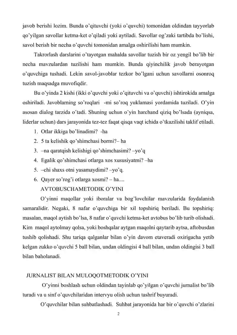 O’QITUVCHILAR KASBIY MAHORATINI SHAKLLANTIRISHDA METODIK O’YINLARDAN FOYDALANISH 2