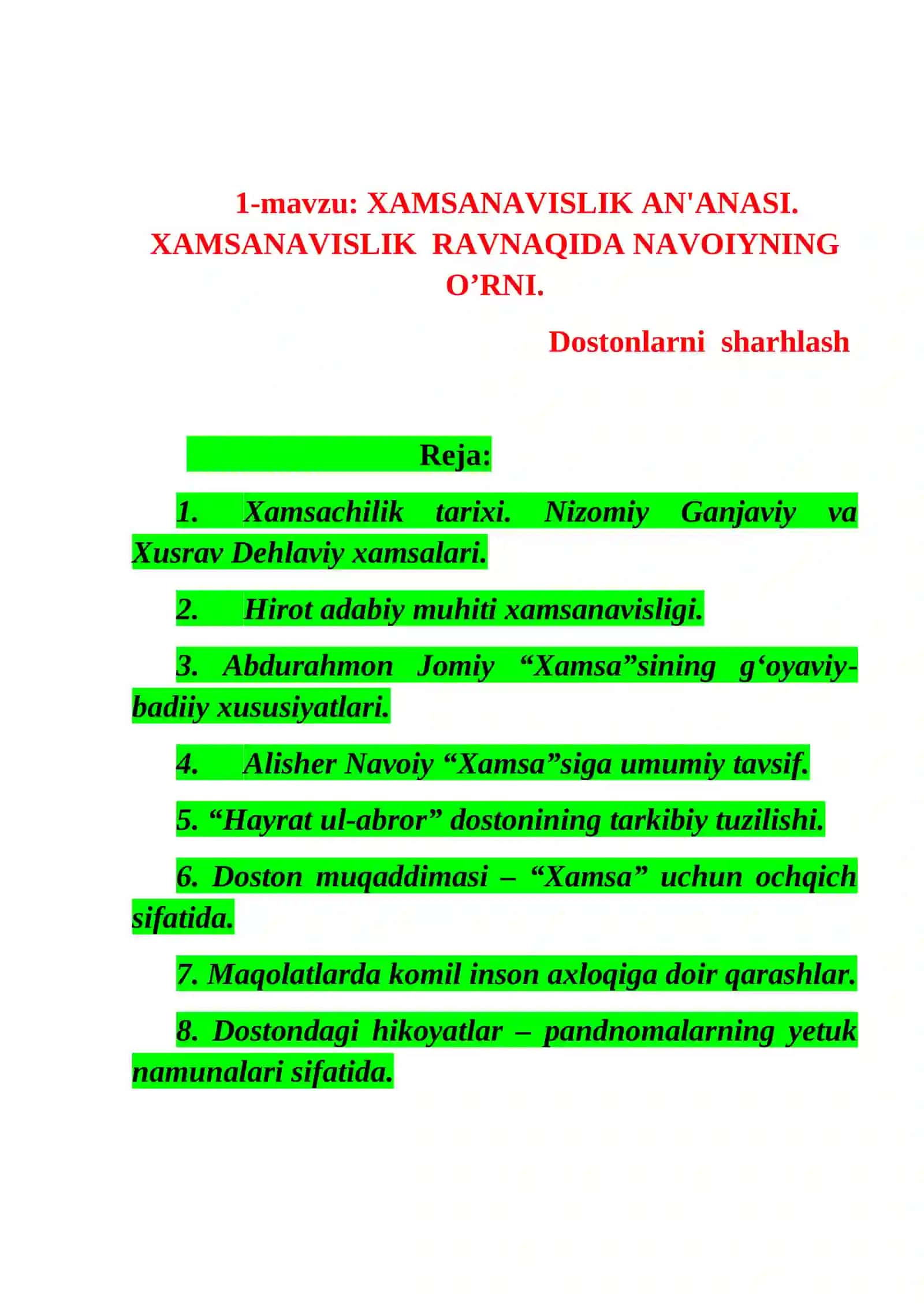 Sharq adabiyotida xamsanavislik an’anasi 2