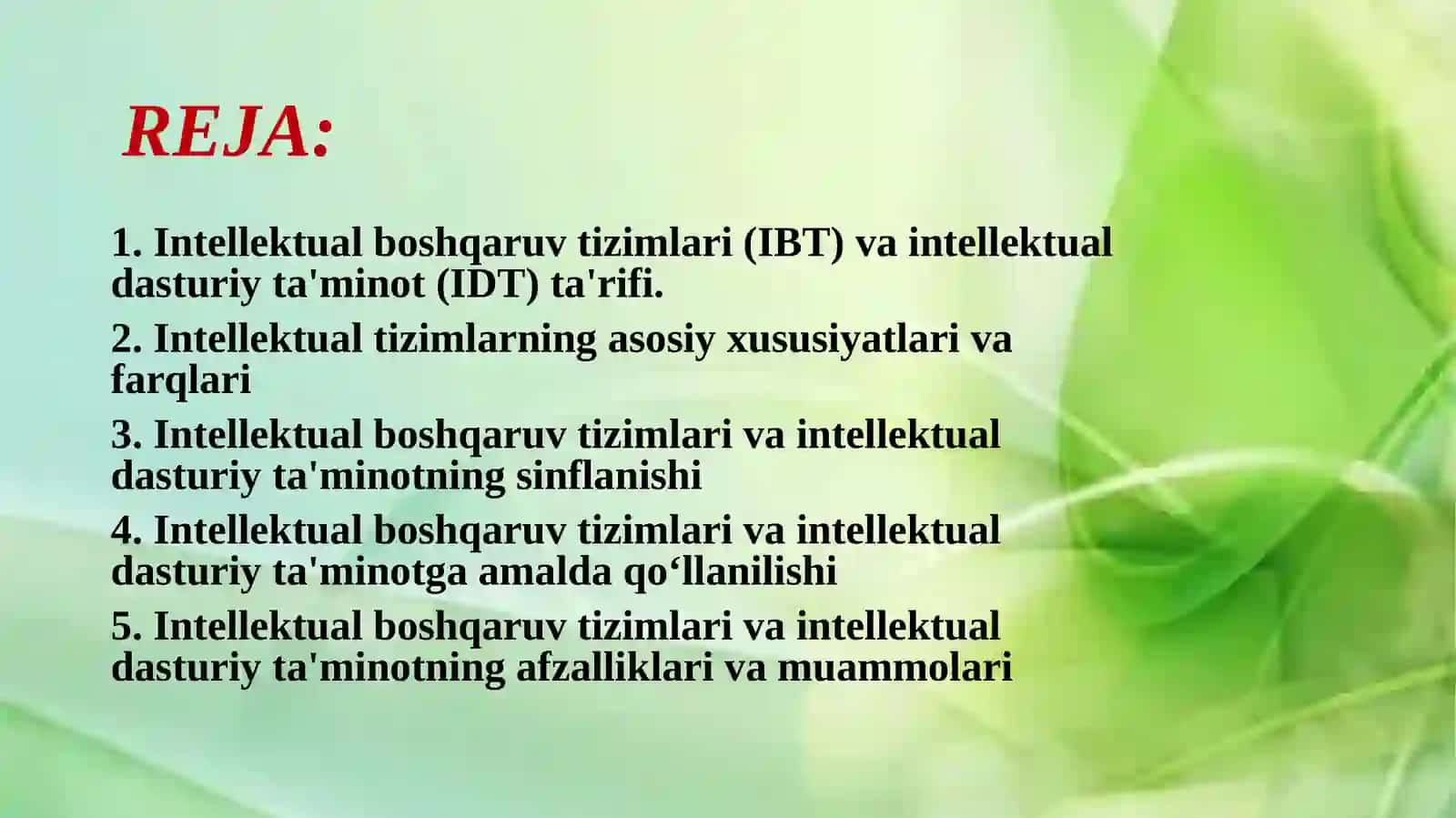 Intellektual boshqaruv tizimlari va intellektual dasturiy ta'minotning tasnifi. 2