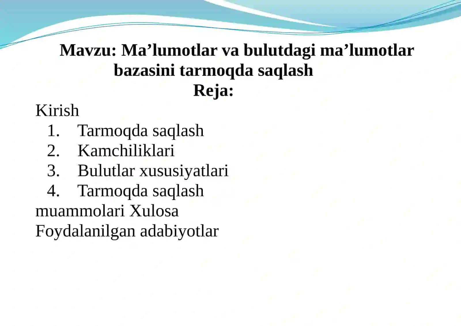Ma’lumotlar va bulutdagi ma’lumotlar bazasini tarmoqda saqlash 2