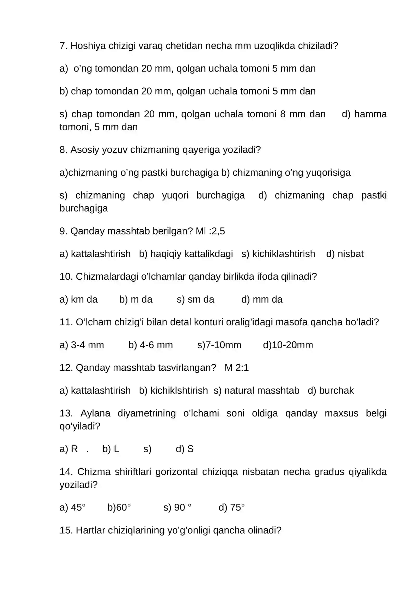 8-sinf chizmachilik fanidan test 2