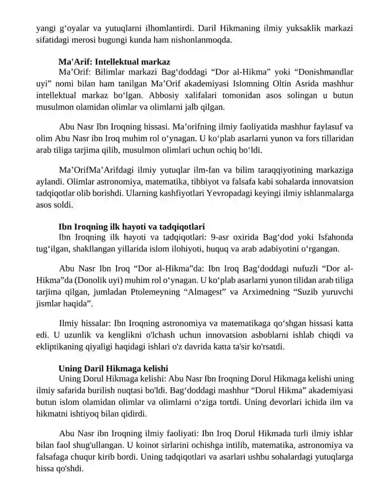 Abu Nasr Ibn Iroqning Doril Hikma Va Ma'Orifdagi Ilmiy Faoliyati 2