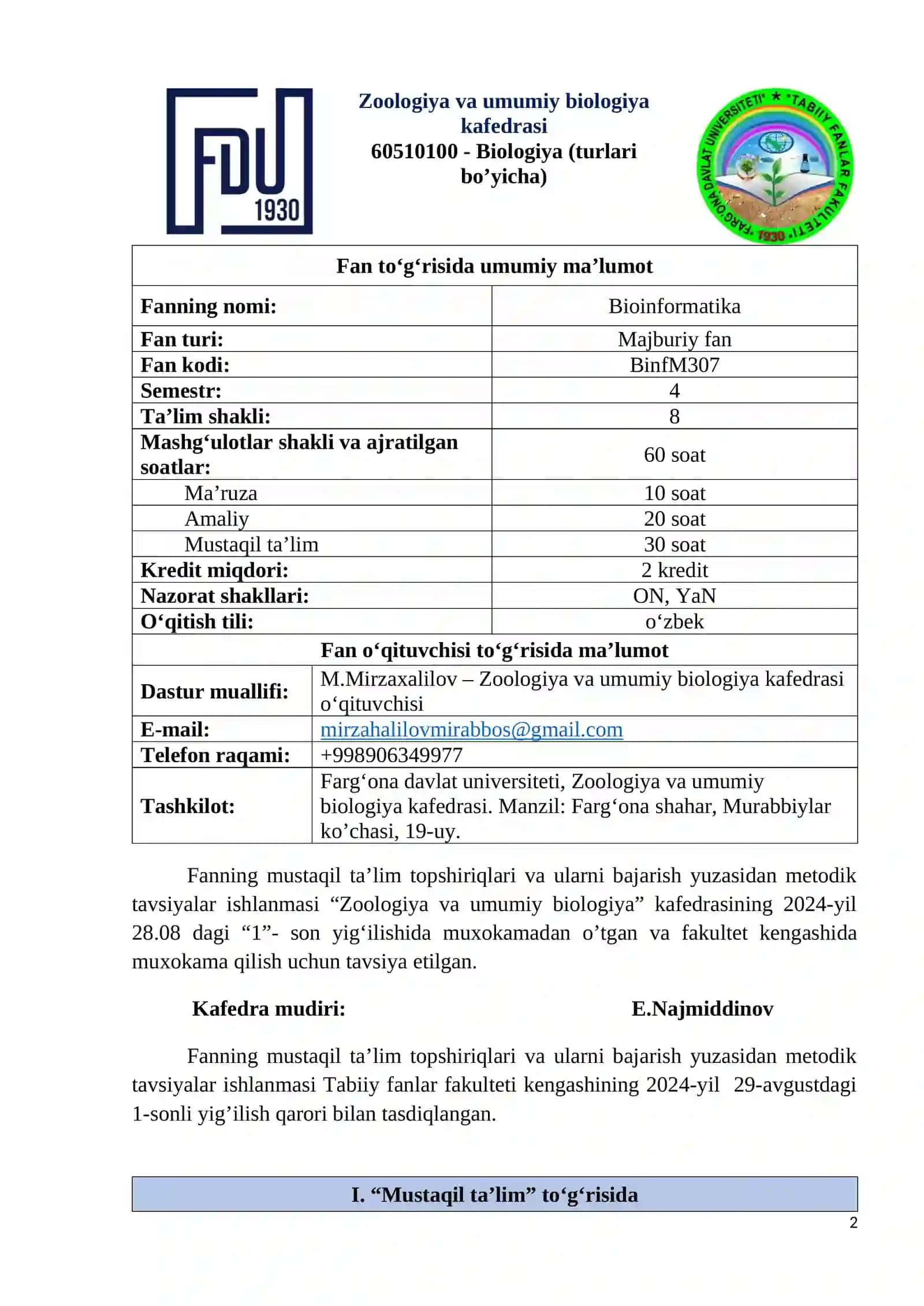 Bioinformatika Fanidan Mustaqil Ta’lim Topshiriqlarini Bajarish 2