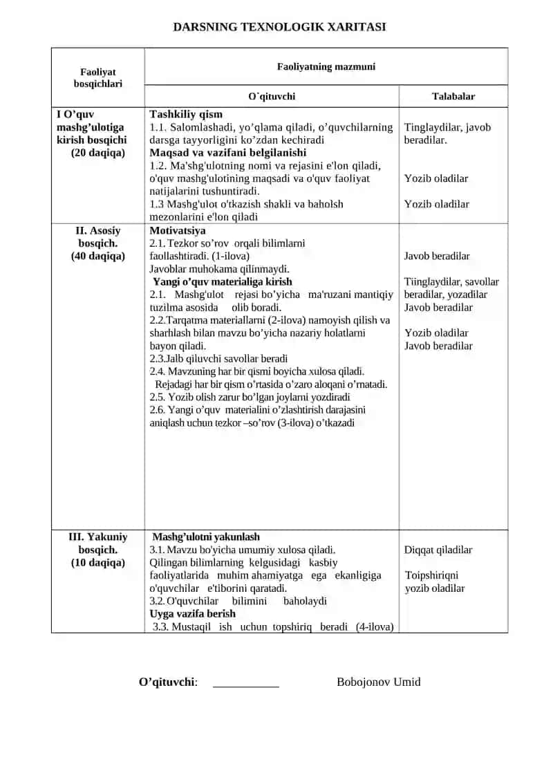 Traktor-kombayn shassilari tuzilishi va texnik xizmat ko’rsatish fаnidan o'quv mashg'ulotida ta'lim texnologiyasi modeli 2