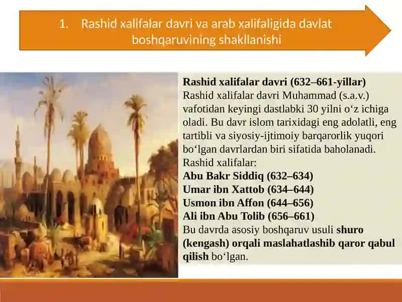 Rashid xalifalar hukmronligi davridagi islohotlarning mohiyati. Ummaviylar va Abbosiylar hukmronligi davrida dinga munosabat 2