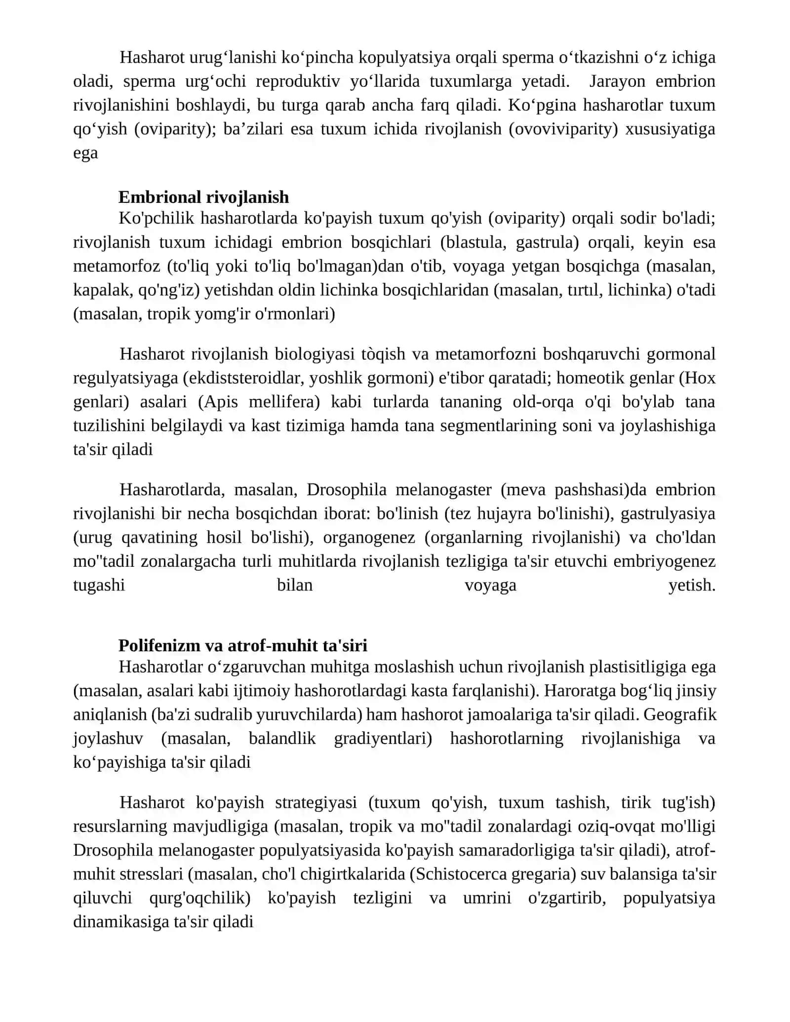 Hasharotlarning ko'payishi va rivojlanish biologiyasi 2