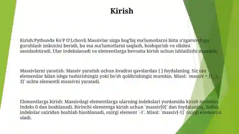 Pythonda Ko'P O'Lchovli Massivlar 2