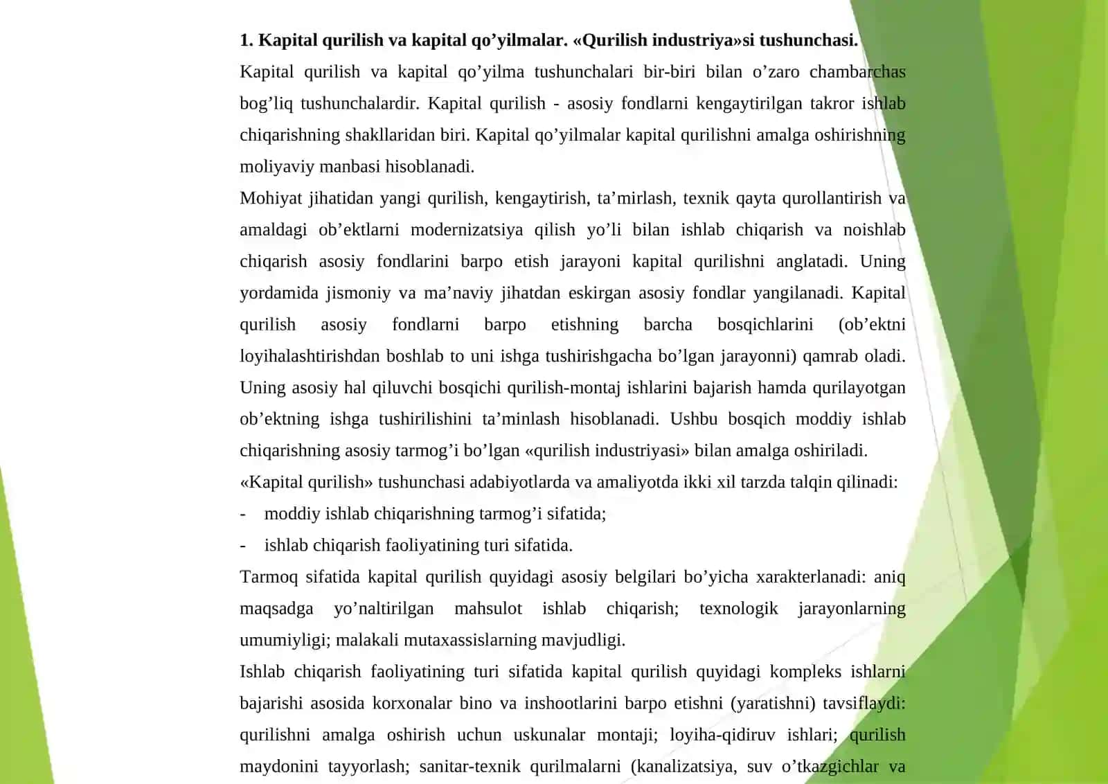 Investitsiya faoliyatida kapital qurilish 2