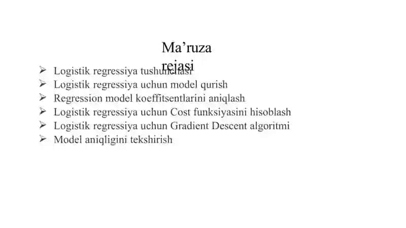 Mashinalio‘qitish usullari va algoritmlari. Regressiya va klassifikatsiya 2