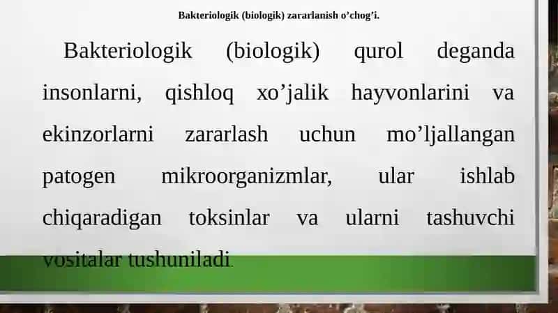 BАKTERIОLОGIK (BIОLОGIK) VOSITALAR BILAN ZАRАRLАNGAN О’CHОQDА EPIDЕMIYAGА QАRSHI CHORA TАDBIRLАR 2