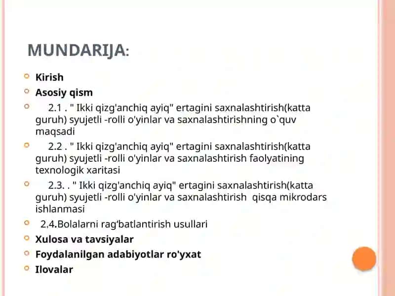 "Ikki qizg'anchiq ayiq" ertagini saxnalashtirish(katta guruh) syujetli -rolli o'yinlar va saxnalashtirish 2