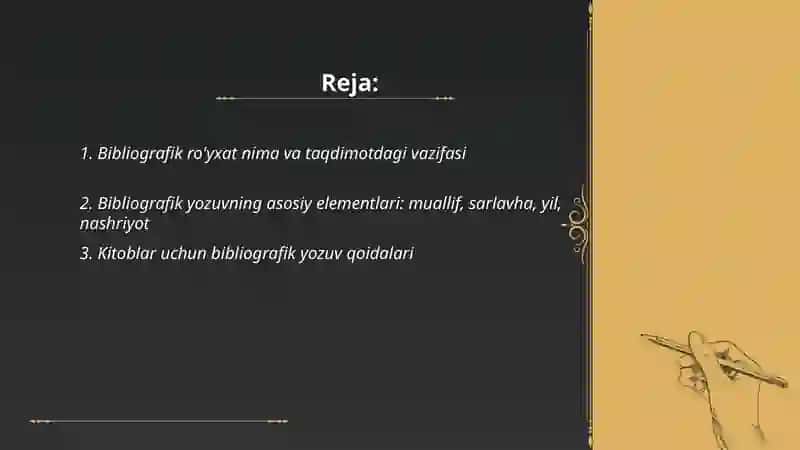 Bibliografik ro'yxatni shakllantirish qoidalari to'g'risida taqdimot 2