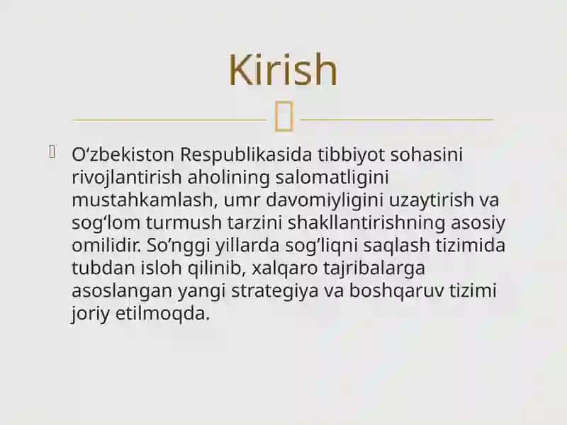 O‘zbekiston Respublikasi tibbiyot sohasining rivojlanish strategiyasi va boshqaruv tuzilmasi 2