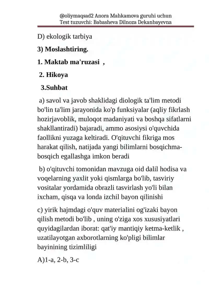 Test tuzuvchi Anora Mahkamova guruhi uchun 2