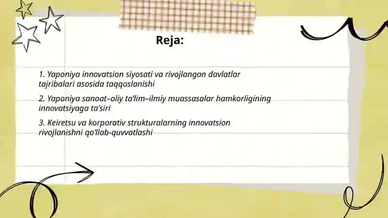 Yoponiyaning innovatsion Iqtisodiyotning rivojlangan davlatlar tajribalari asosida iqtisodiy oʻsish taminlashdagi tajribalarini organish 2