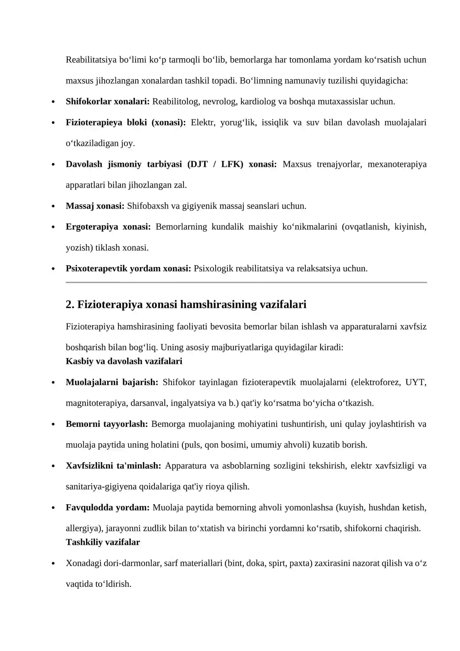 Reabilitatsiya bo‘limi tuzilishi. Fizioterapieya xonasi hamshirasining vazifalari va hujjatlar bilan ishlash tartibi 2