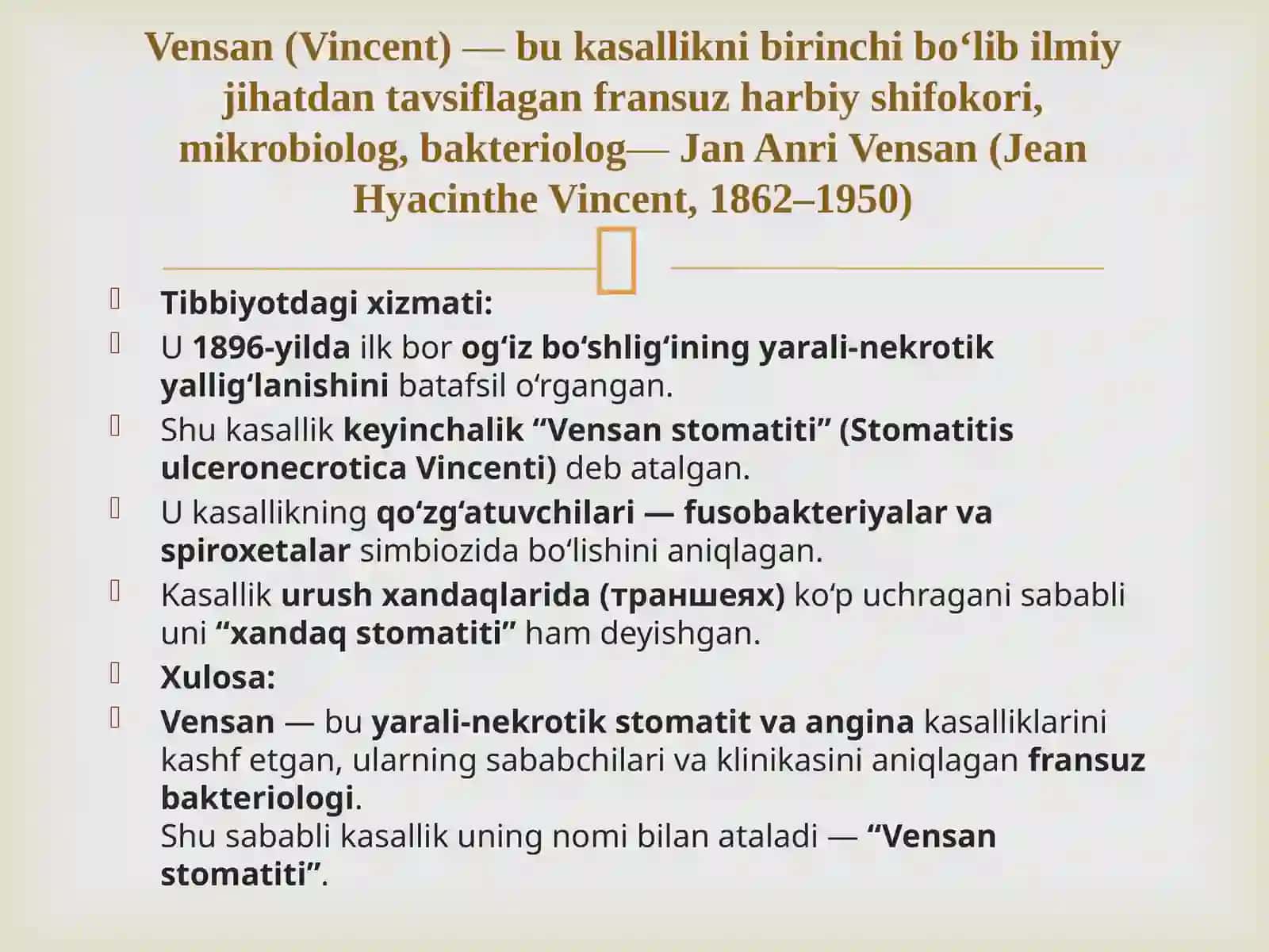 Vensan  Yarali-nekrotik stomatiti. Klinikasi. Davolash usullari. 2